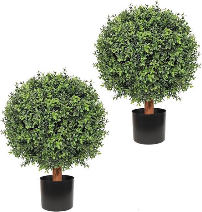 Artificial Topiary Boxwood Ball Trees Outdoor – Set of 2 UV Resistant Faux Boxwood Topiary, Fake Potted Shrubs Evergreen for Front Door Porch Patio Balcony Home Decoration