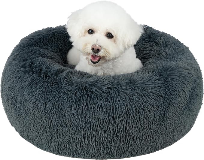 Pet Supplies Round Donut Dog Bed with Plush Faux Fur Fabric, Calming, Anti-Anxiety Cushion for Indoor Pets, Slip-Resistant Base, Soft Ergonomic Support - Gray