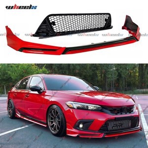 For 2022-2024 Honda Civic Yoder V3 Rallye Red Front Bumper Lip &#38; Gloss Blk Grill