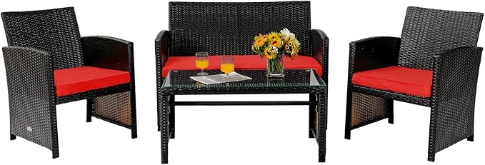 COSTWAY 4 Piece Patio Furniture Set, Outdoor PE Rattan Wicker Sectional Sofa with Cushion and Coffee Table, Patio Conversation Sets for Balcony Lawn Porch Patio Backyard Garden Poolside, brand Red