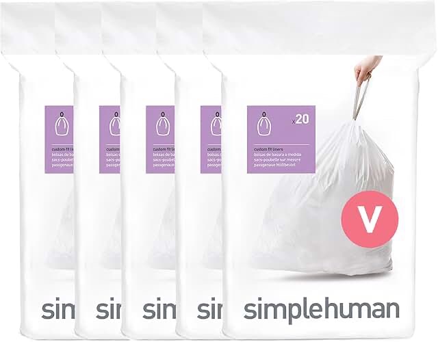 simplehuman Code V 100 Count, Dispenser Pack Custom Fit Liners, Drawstring Trash Bags, 16-18 Liter / 4.2-4.8 Gallon, White 100 Count (Pack of 1)