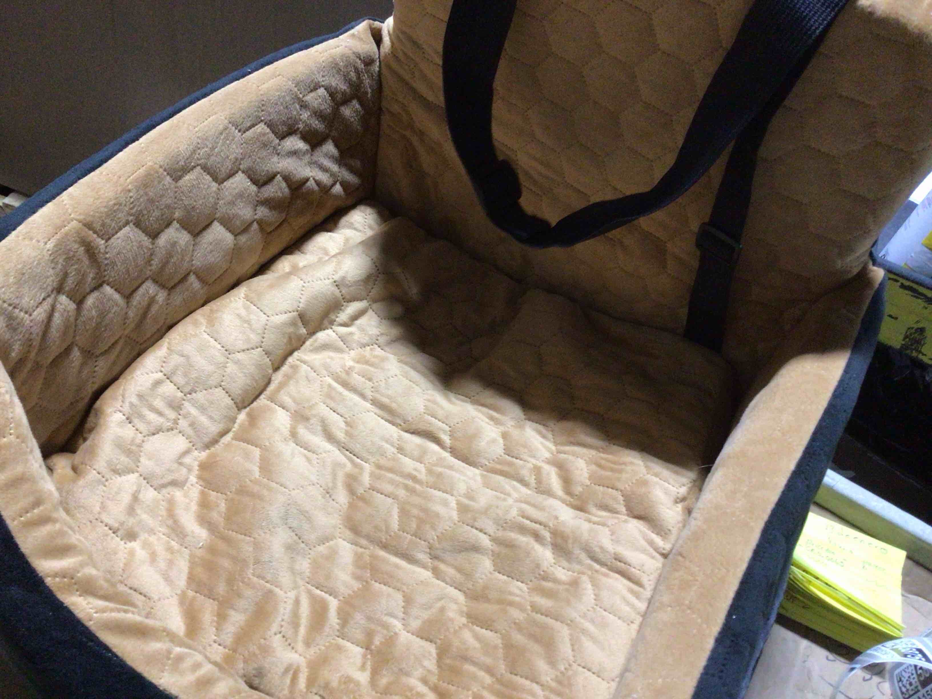 Condition photo showing New/Like New for black, brown dog seat, for medium sized dogs 