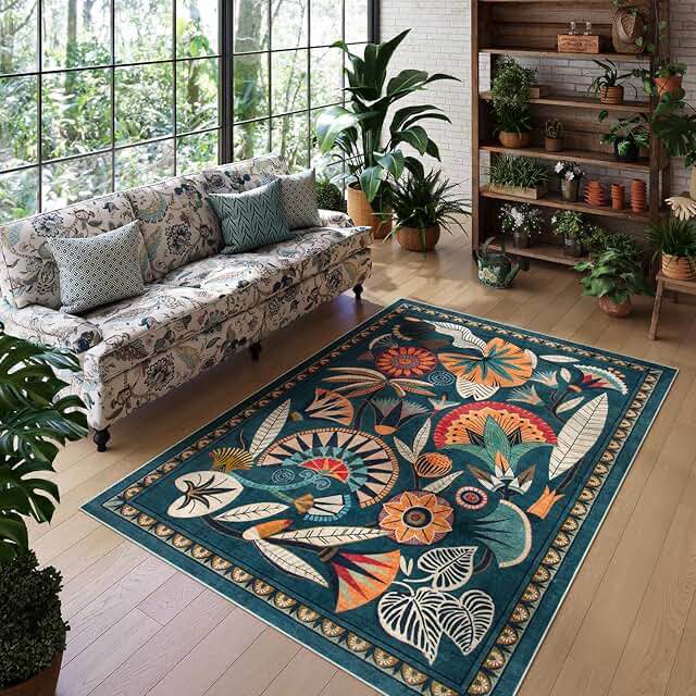 boho egypt green area rugs for living room bedroom 5x7 washable large dining room rug non slip floral vintage  farm house throw carpet for office hardwood floor playroom (dark green)