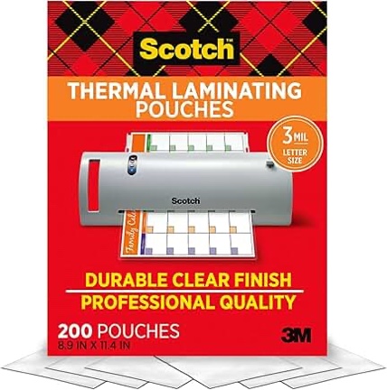 scotch thermal laminating pouches 3mil letter size, double clear finish, professional quality (200pouches) 