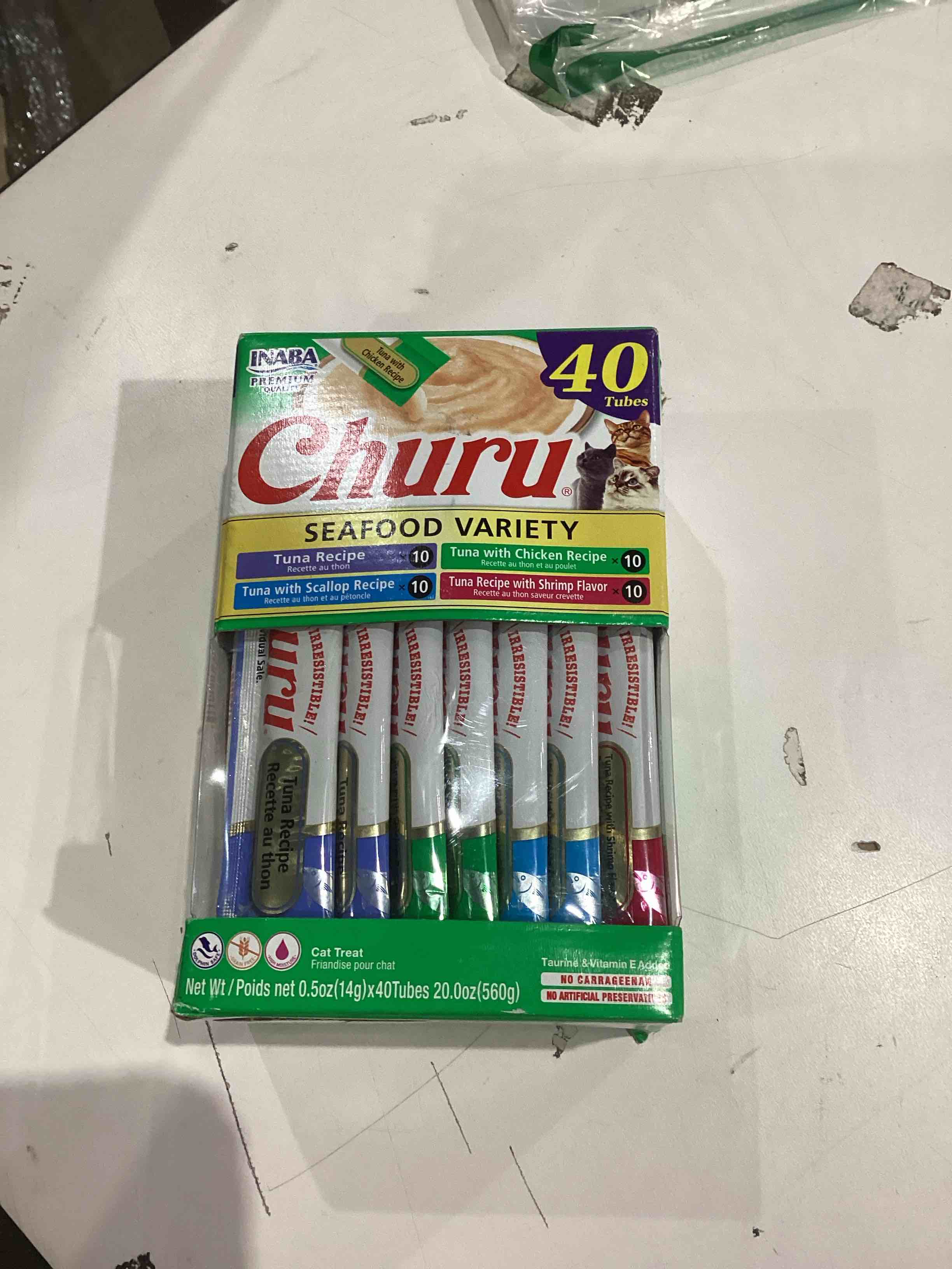 Condition photo showing New/Like New for INABA Churu Cat Treats, Grain-Free, Lickable, Squeezable Creamy Purée Cat Treat/Topper with Vitamin E & Taurine, 0.5 Ounces Each Tube, 36 Tubes (4 per Pack), 9 Flavor Variety