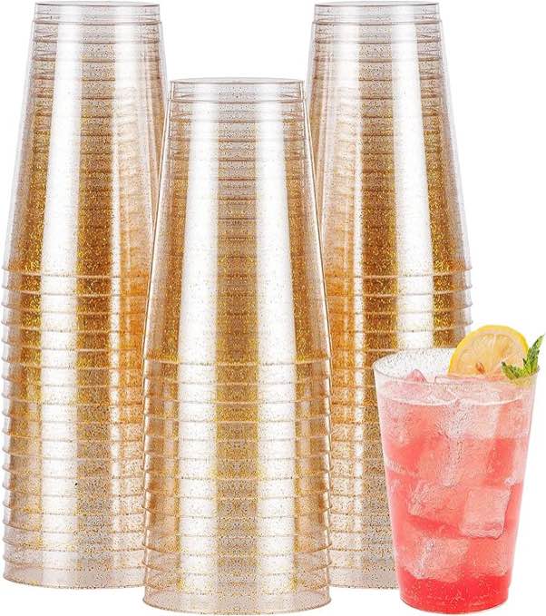 50PCS 14OZ Glitter Plastic Cups for Party, Disposable Gold Plastic Cups, Plastic Cocktail Glasses for Wedding Thanksgiving, Christmas, and Parties