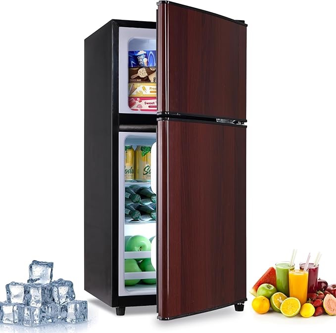 FLS-80-wood 3.5Cu.Ft Compact, Small Refrigerator with Freezer, Retro Fridge with Dual Door, 7 Level Adjustable Thermostat for Garage, Dorm,Bedroom