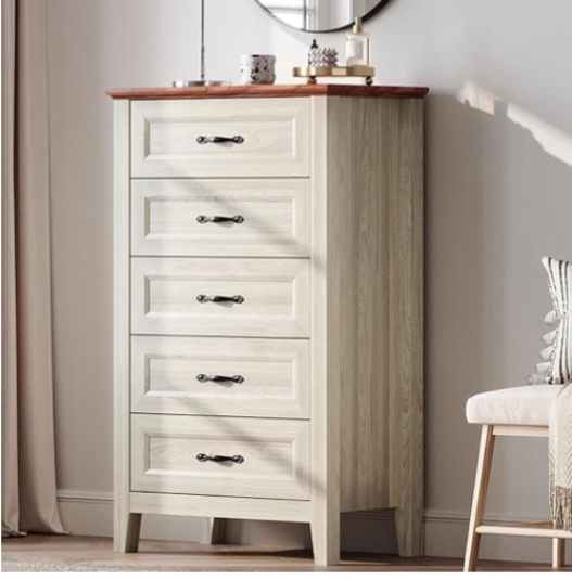 (similar to stock photo ) LINSY HOME Beige Dresser for Bedroom, 5 Drawer Dresser with Metal Handles, Chest of Drawers, Tall Dresser for Living Room, Entryway, and Closet