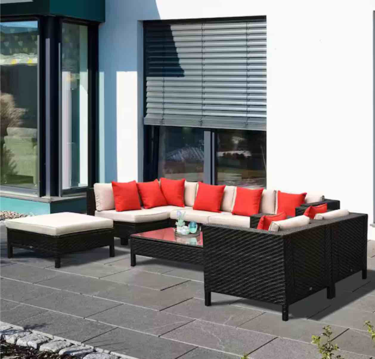 (incomplete box 5 of 6)9-Piece Aluminum Plastic Rattan Patio Conversation Set with Beige Cushions