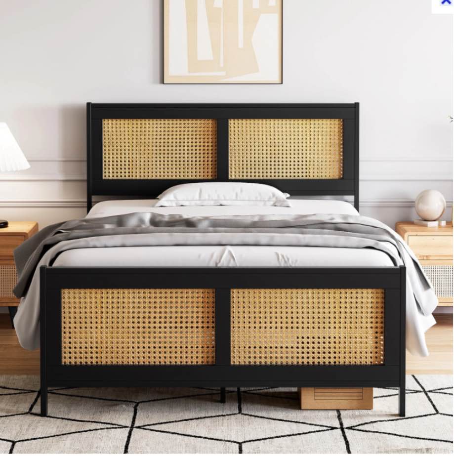  GARVEE Full Size Bed Frame with Rattan Headboard and Footboard, Black Rattan Platform Bed Frame, Mattress Foundation, Noise-Free, No Box Spring Needed, Easy Assembly