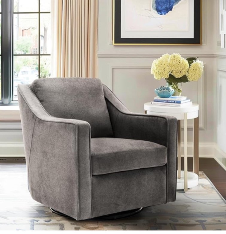  COLAMY Upholstered 360 Swivel Accent Chair, Thick Padded Arm Chair with Solid Metal Base, Comfortable Mid-Century Sofa Chair Modern Reading Chair for Living Room and Bedroom, Grey - Set of 1