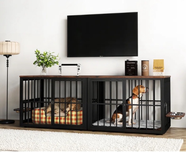 (similar to stock photo)Large Double Dog Crate Furniture, Corner Dog Crate Furniture With Removable Divider And Bowls