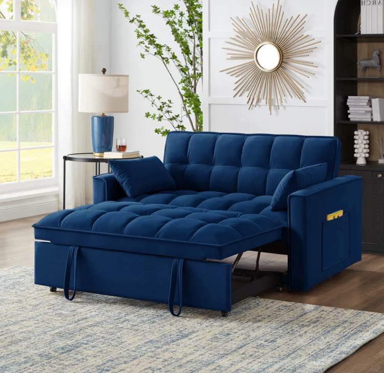 (similar to stock photo)4 In1 Loveseat Sofa Bed With Armrests & Storage Pockets, Multi Function Tufted Pull Out Sofa Bed With Adjustable Backrest And Pillows, Convertible Loveseat Sofa Couch, Navy Navy Velvet Primary Living Space Medium Soft Tufted Back American