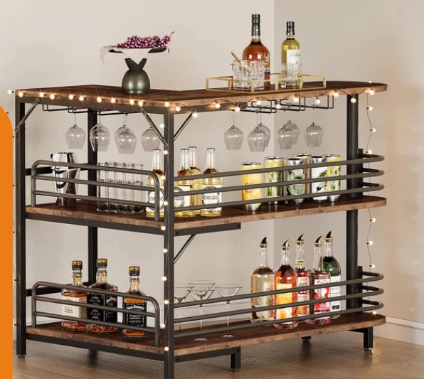  L-Shaped Bar Unit, 3 Tier Liquor Bar Table with Wine Glasses Holder
