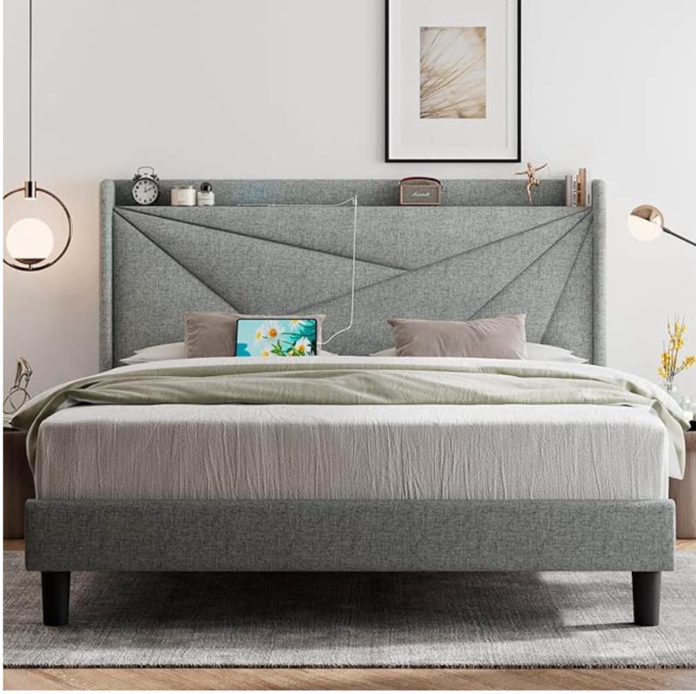 ( Queen size)  Feonase Queen Size Bed Frame with Type-C & USB Ports, Upholstered Platform Bed Frame with Wingback Storage Headboard, Solid Wood Slats Support, No Box Spring Needed, Noise-Free, Light Gray