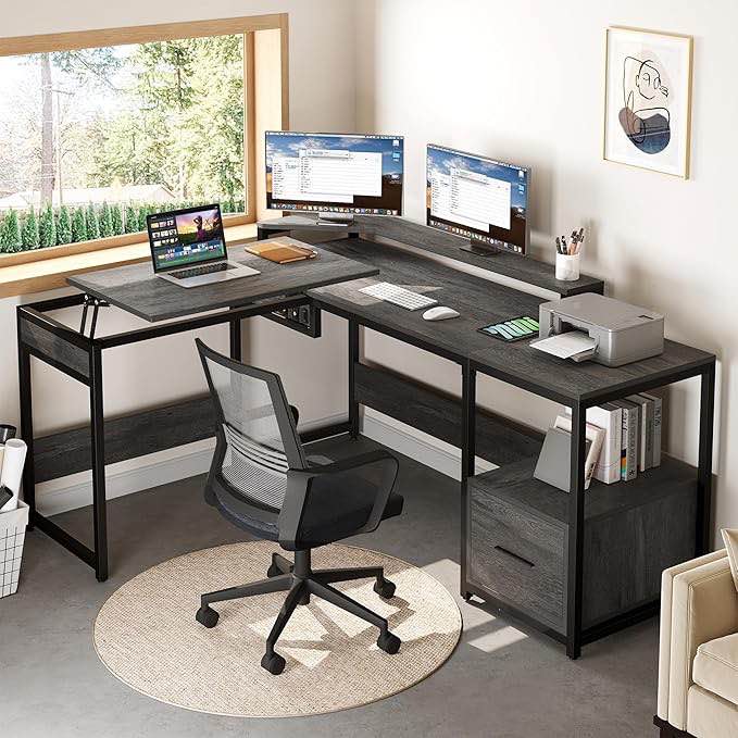  YITAHOME L Shaped Desk with Lift Top, 65" Adjustable Standing Desk with File Drawer, Corner Computer Desk with Storage Shelves,Home Office Desk, Grey