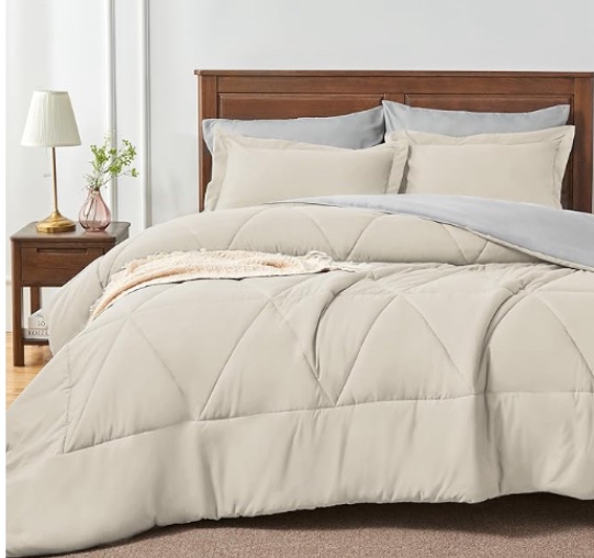 BEDELITE Twin XL Comforter Set 5 Pieces Bed in A Bag - Soft Microfiber Reversible Twin Extra Long Beige Bed Set with Comforters, Sheets, Pillowcase & Sham, Cozy Bedding Sets for College Dorm Room
