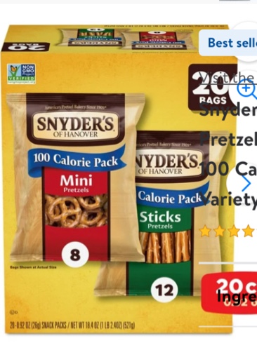 (FEB/22/25) Snyder's of Hanover Pretzels, Minis and Sticks 100 Calorie Packs, 20 Ct Variety Pack 100 Calories Minis & Snaps Variety Pack 0.92 Ounce (Pack of 20)