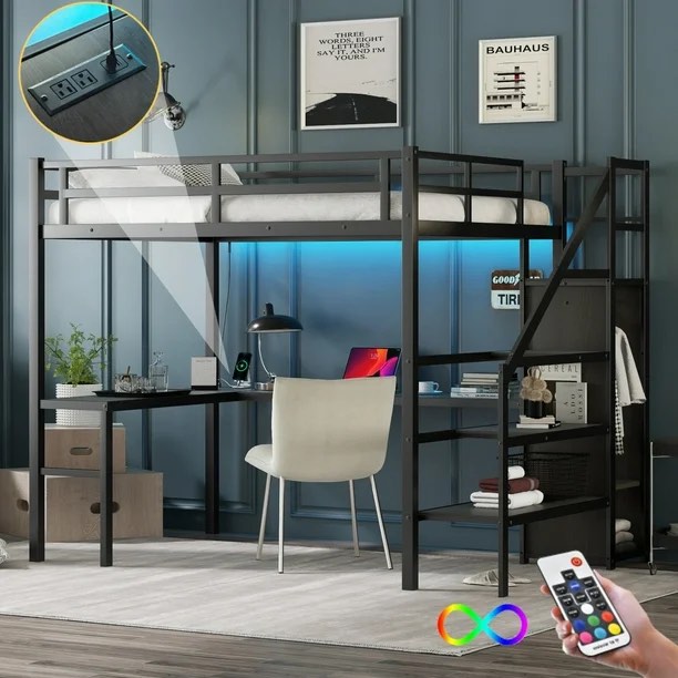 (Incomplete box 1 ) Full Size Loft Bed with USB, Metal Loft Bed with Wardrobe & Adjustable Shelf, High Loft Bed with LED for Teens Adults, Black