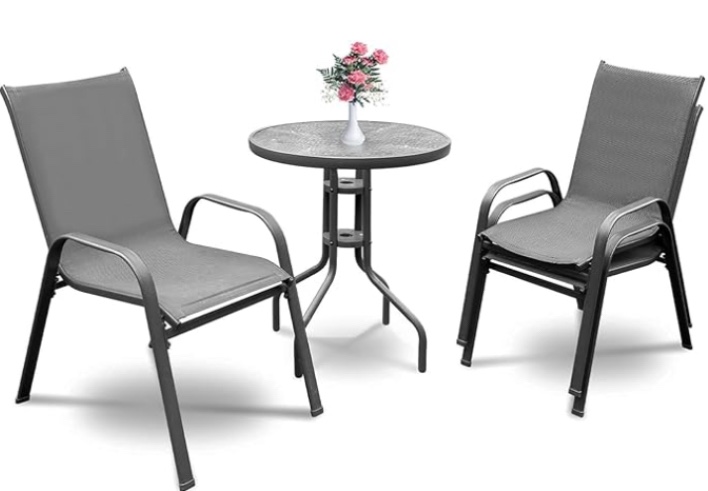  SONGBATE Large Patio Bistro Set 36"" Table & 2 Chairs | Modern Metal Frame with Textilene Fabric | Stylish Outdoor Dining & Conversation Furniture, Grey, FWX-US-008