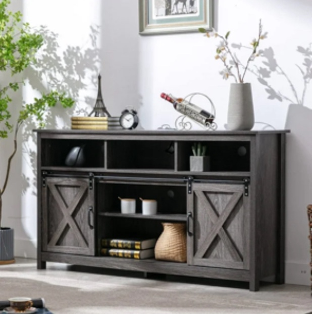 (similar to stock photo)Yaoping Farmhouse Barn Door TV Cabinet Up to 65" TV Media Console with Open Shelves Adjustable Storage, Entertainment Center with Power Outlets(Grey)
