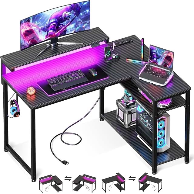 MOTPK L Shaped Gaming Desk with LED Lights, Corner Gaming Computer Desk 47inch with Power Outlets, Gaming Table with PC Storage Shelf, Gamer Desk with Monitor Shelf, Carbon Fiber Texture, Black 47 Inch Black Led