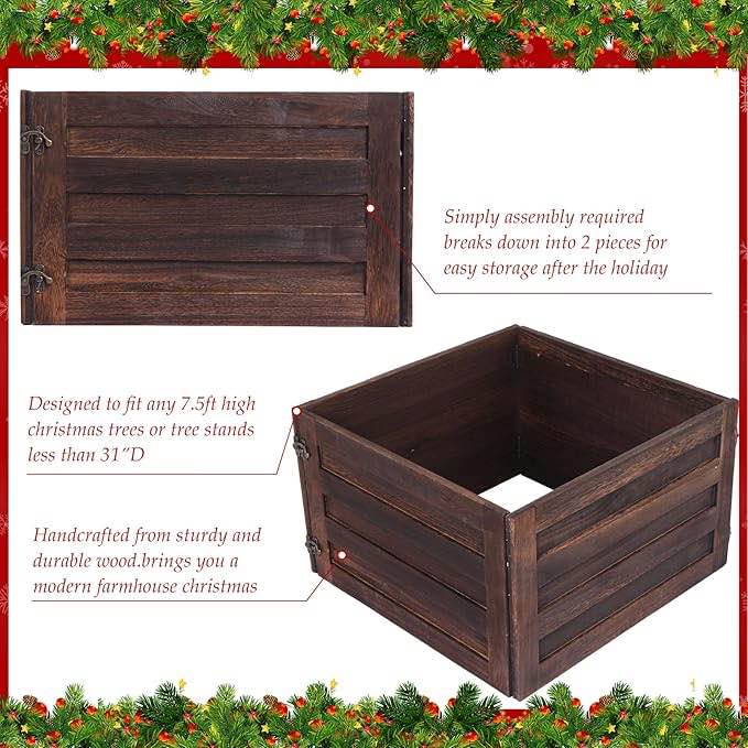 Wood Christmas Tree Collar Box Washed Tree Stand Cover Rustic Christmas Tree Box Skirt Farmhouse Christmas Tree Skirts Replacement Blocks for Christmas Tree Decorations, 22 x 12 Inch (Brown)