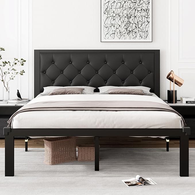 iPormis Queen Metal Bed Frame, Faux Leather Platform Bed Frame with Button Tufted Headboard, 12" Underbed Space, Steel Slats Support, Easy Assembly, No Box Spring Needed, Black