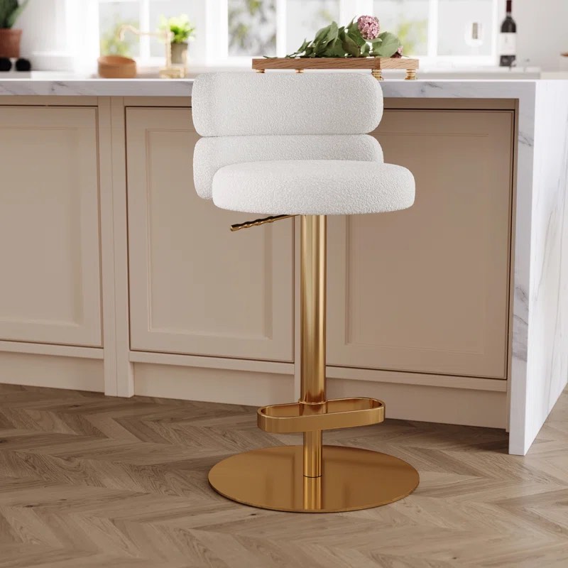 Giacamo Adjustable Height Swivel Boucle Fabric Barstool in Stainless Steel (Set of 1)