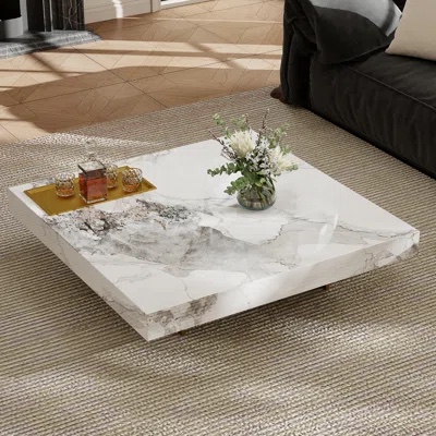 42" Square Faux Marble 2 Legs Modern Coffee Table