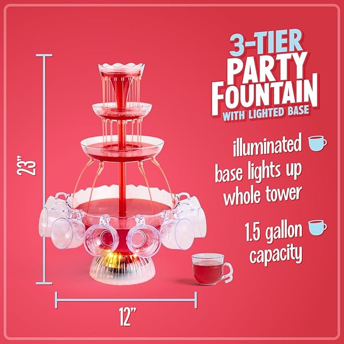 Nostalgia 3-Tier Lighted Party Fountain, Holds 1.5 Gallons, LED Lighted Base, Includes 8 Reusable Cups