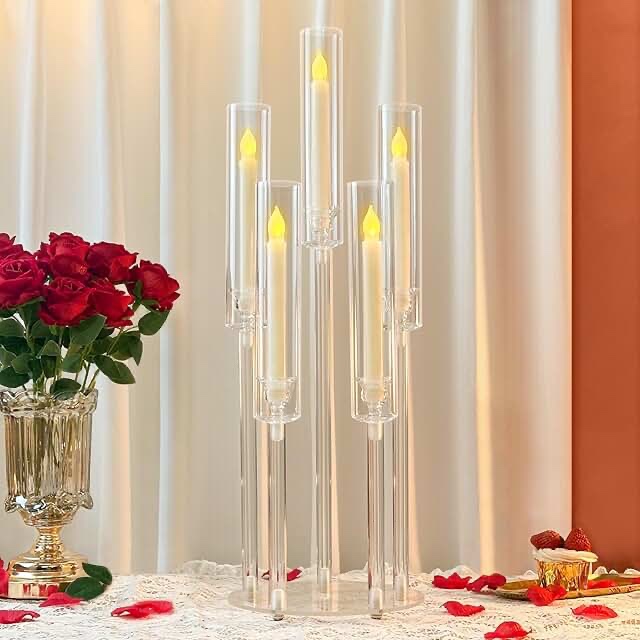 2 Set 5 Arm Acrylic Candle Holder, Mjkeomo 34.6'' Tall Candelabra Centerpieces for Tables Clear Candlesticks Holder with Lampshade for Housewarming Gift Fireplace Dinner Decor Fit 0.87'' LED Candle