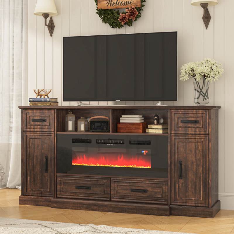 70" TV Stand For Tvs Up To 80" With 40" Fireplace, Sockets, USB Ports, LED Lights, And 4 Drawers