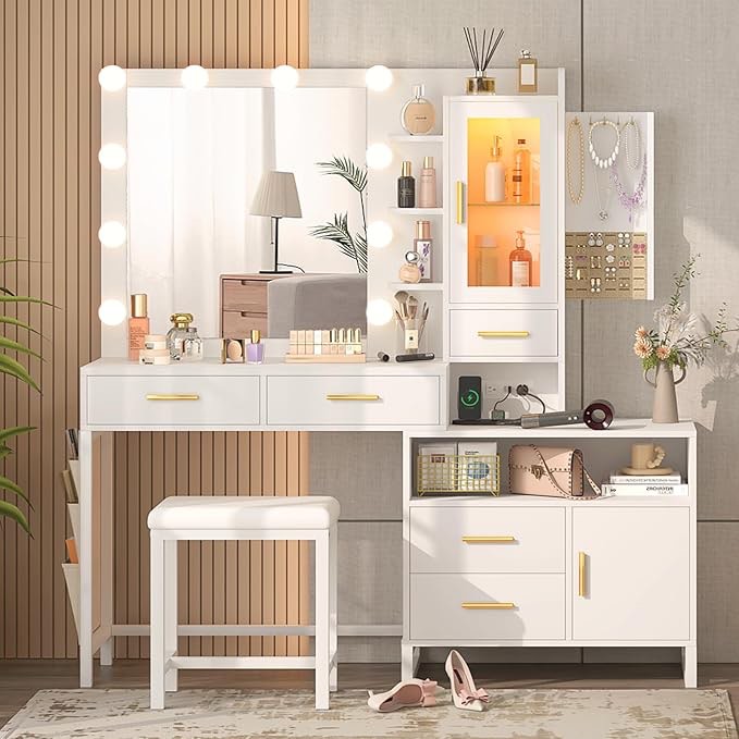 Vanity Desk With Mirror And Led Lights, Dressing Table With Hanging Jewelry Armoire, White Makeup Vanity With 7 Drawers, 4 Cabinets & Charging Statio