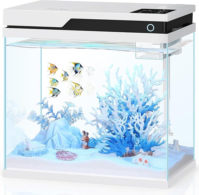 PONDON Smart Fish Tank 7 Gallon, Small Beta Fish Aquariums Startar Kit with Automatic Feeder, Glass Betta Tank with Filter and Light (7-Gal White) 7 Gallon White