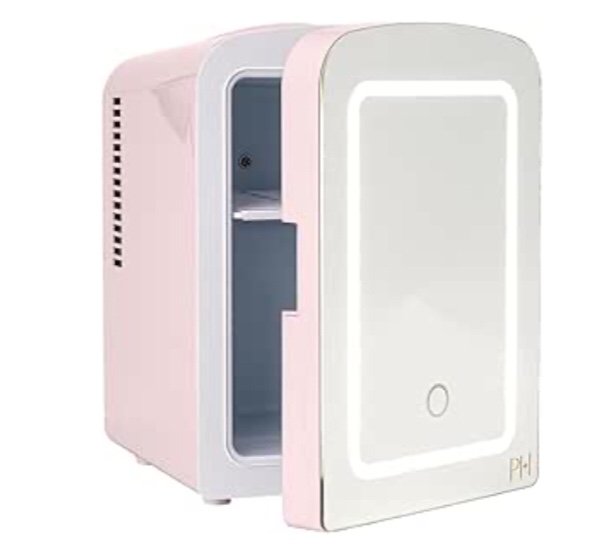 Paris Hilton Mini Refrigerator and Personal Beauty Fridge, Mirrored Door with Dimmable LED Light, Thermoelectric Cooling and Warming Function for All Cosmetics and Skincare Needs,