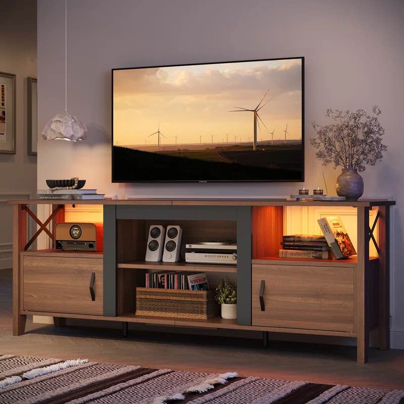 Farmhouse TV Stand for 70 Inch TV with LED Light,63" Tv Console Cabinet with Media Storage