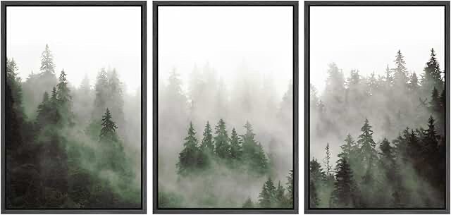 Morning Mist Green Pine Tree Forest Nature Landscape Print Decor On Canvas 2 Pieces Print