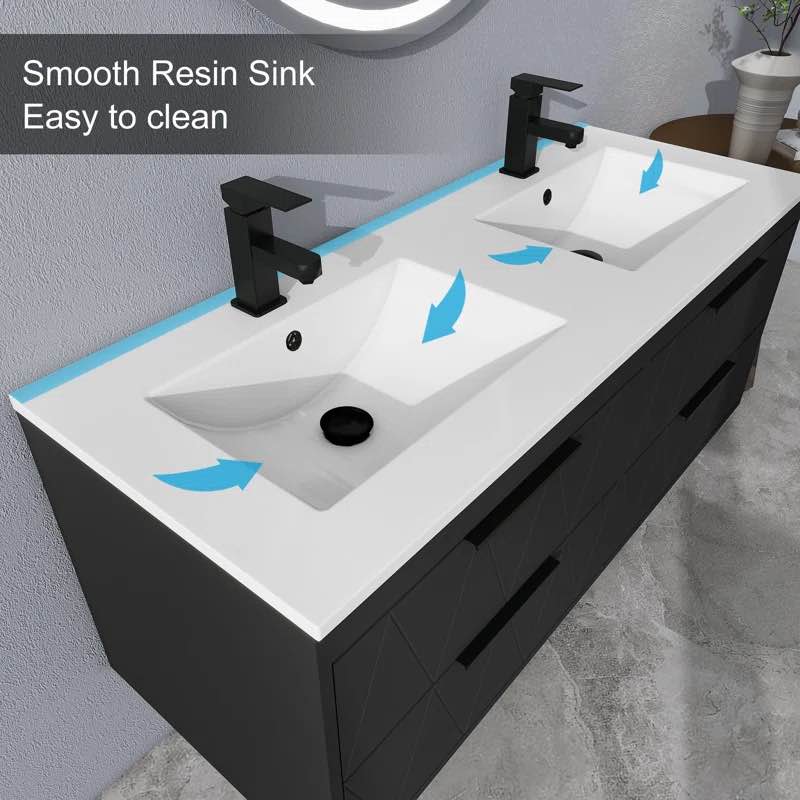 Bathilde 48" Modern Wall-Mount Double Sink Bathroom Vanity with Resin Top, Faucet, Floating Cabinet
