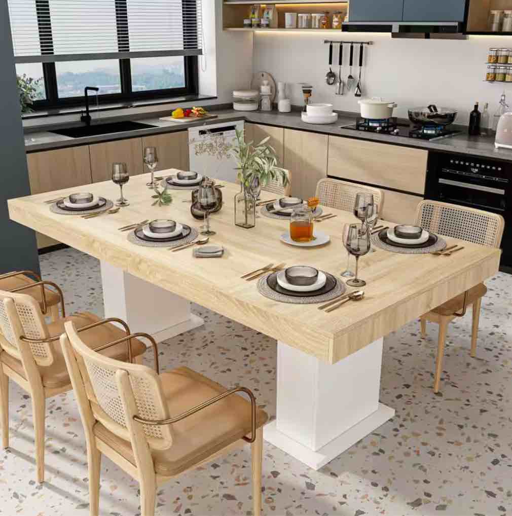 Wooden Grain Color Wood 78.7 in. Width Rectangle Double Pedestal Dining Table, Meeting Table for 8