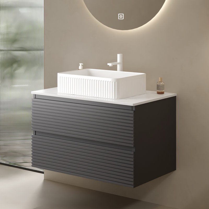 Vedo 30" Bathroom Vanity With Vessel Sink, Modern Wall-mounted Floating Plywood Striped Bathroom Storage Cabinet With 2 Drawers, White Ceramic Basin And Carrara White Artificial Marble Countertop, Without Faucet, Gray