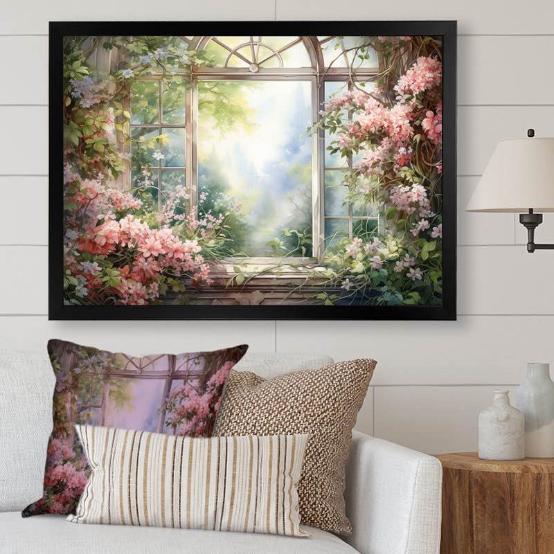Pink Blossoming Country Window Gaze II - Floral Window Wall Art