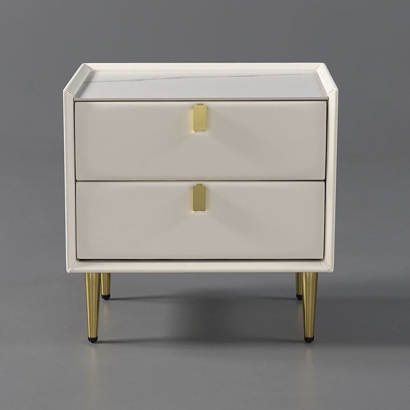 Modern 2 Drawers PU Leather Bedside Table Nightstand With Gold Metal Legs
