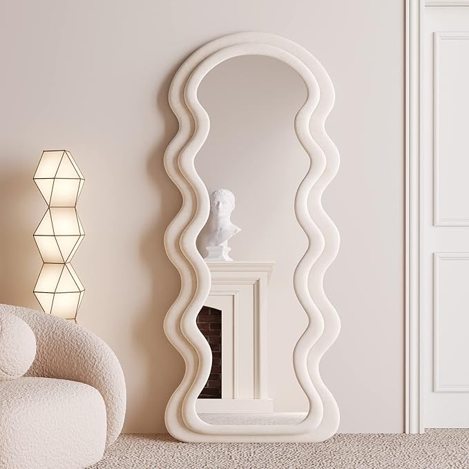 Christye Full Length Mirror 63"x24", Irregular Wavy Mirror, Arched Floor Mirror, Wall Mirror Standing Hanging Or Leaning Against Wall For Bedroom, Flannel Wrapped Wooden Frame Mirror