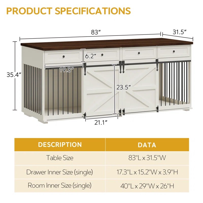 Furniture Style Dog Crate - Indoor Wooden Dog Craate Furniture With 4 Drawers & Double Sliding Barn Doors - 83"Lx32"Wx36"H
