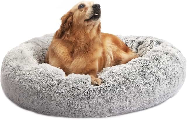 Bedfolks Calming Donut Dog Bed, 36 Inches Round Fluffy Dog Beds for Large Dogs, Anti-Anxiety Plush Dog Bed, Machine Washable Pet Bed (Dark Grey, Large)