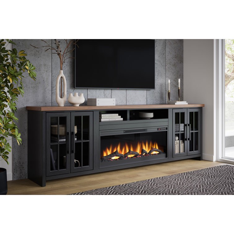 Black/Whiskey Brixham 97 inch Solid Wood Fireplace TV Stand Console for TVs up to 100 inches, Two-Tone Finish