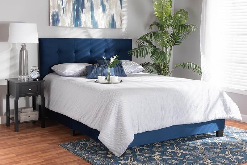 Baxton Studio CF9210B-Navy Blue Velvet-Queen Caprice 62 5/8 Inch Modern and Contemporary Glam Velvet Fabric Upholstered Queen Size Panel Bed, Navy Blue/Black - source: https://www.kbauthority.com/baxton-studio-cf9210b-navy-blue-velvet-queen-caprice-62-5-8-inch-modern-and-contemporary-glam-velvet-fabric-upholstered-queen-size-panel-bed-navy-blue-black.html
