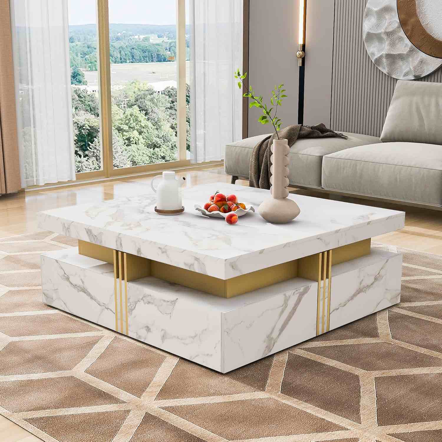 Modern Square Storage Coffee Table with 4 Drawers,Contemporary Elegance Storage Table,Cocktail Table,Living Room Table
