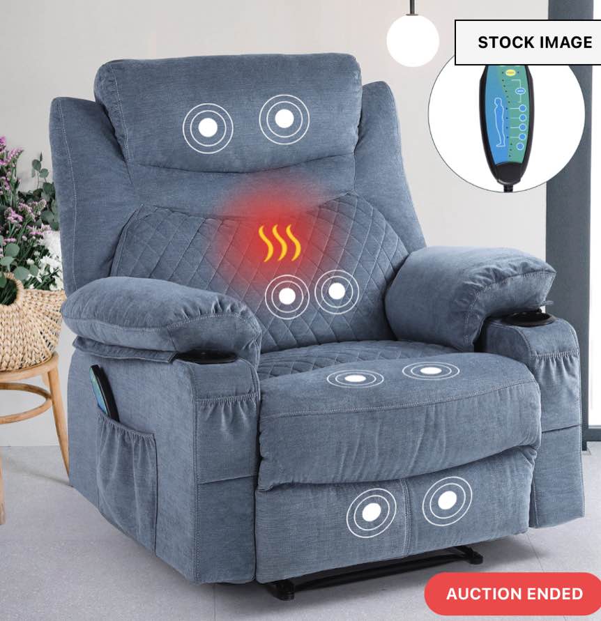 Oversized Massage Recliner Chairs with Heat Fabric Manual Recliners Reclining Chair with Cup Holders Overstuffed Massaging Lounge Chair for Living Room (Blue)